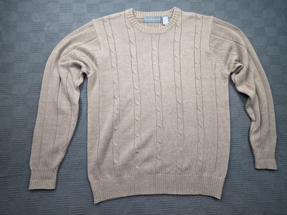Oscar De La Renta Men's Large Tan Brown Cable Knit Sweater Crew Pullover